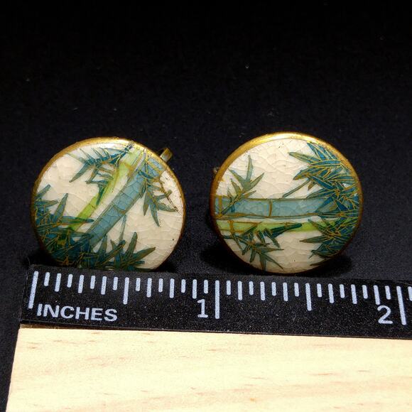 Vintage Japanese Satsuma Porcelain Earrings, Screw Backs, Bamboo Pattern - Picture 8 of 10